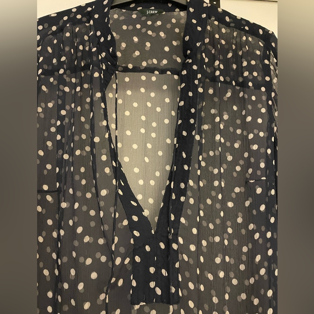 J. Crew Navy White Polka Dot Chiffon w Tassels Top - Picture 3 of 8